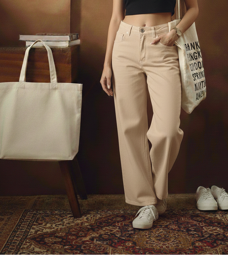 Beige Wide-Leg Jeans