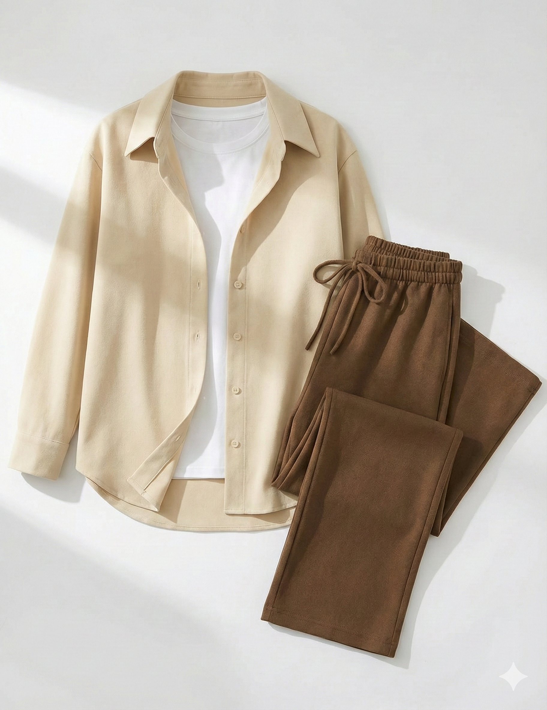 BEIGE BUTTON DOWN WITH INNER & BROWN FLAPPER TROUSER