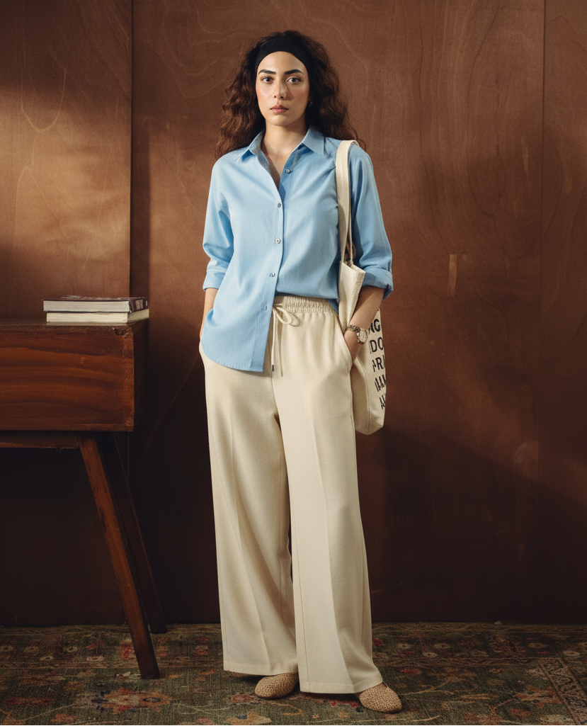 SKY BLUE BUTTON DOWN SHIRT WITH BEIGE FLAPPER TROUSER