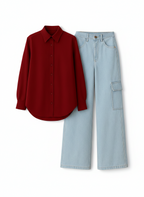 MAROON BUTTON DOWN SHIRT WITH ICEBLUE CARGO JEANS