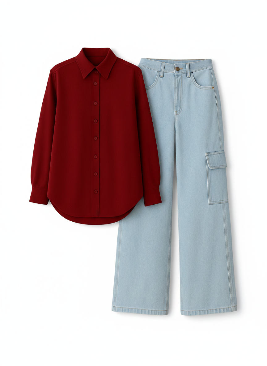 MAROON BUTTON DOWN SHIRT WITH ICEBLUE CARGO JEANS