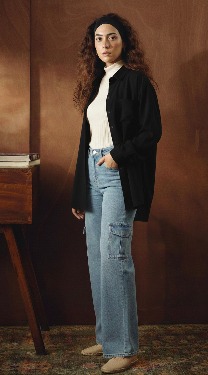 BLACK BUTTON DOWN SHIRT WITH INNER & ICE-BLIUE CARGO JEANS