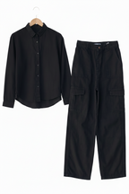 BLACK BUTTON DOWN SHIRT WITH BLACK CARGO JEANS