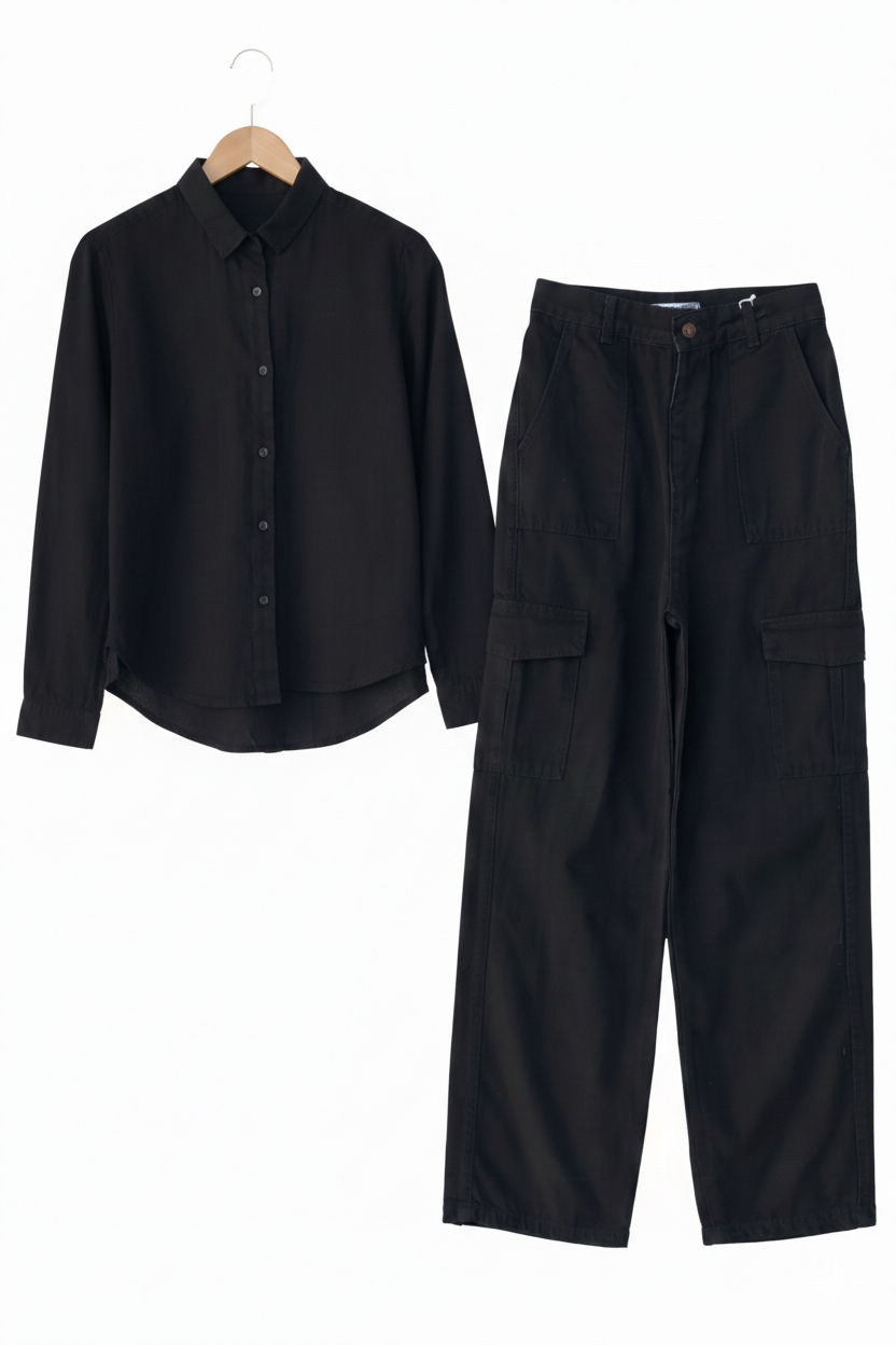 BLACK BUTTON DOWN SHIRT WITH BLACK CARGO JEANS
