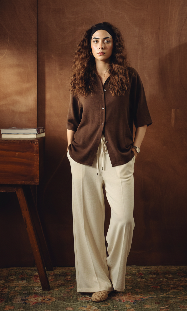 BROWN BUTTON DOWN SHIRT WITH BEIGE FLAPPER TROUSER