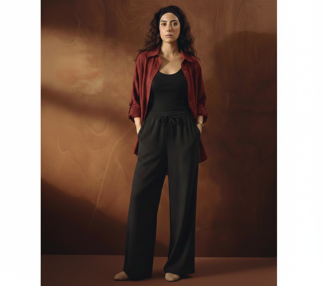 Maroon Button Down Shirt With Black Inner & Black Flapper Trouser