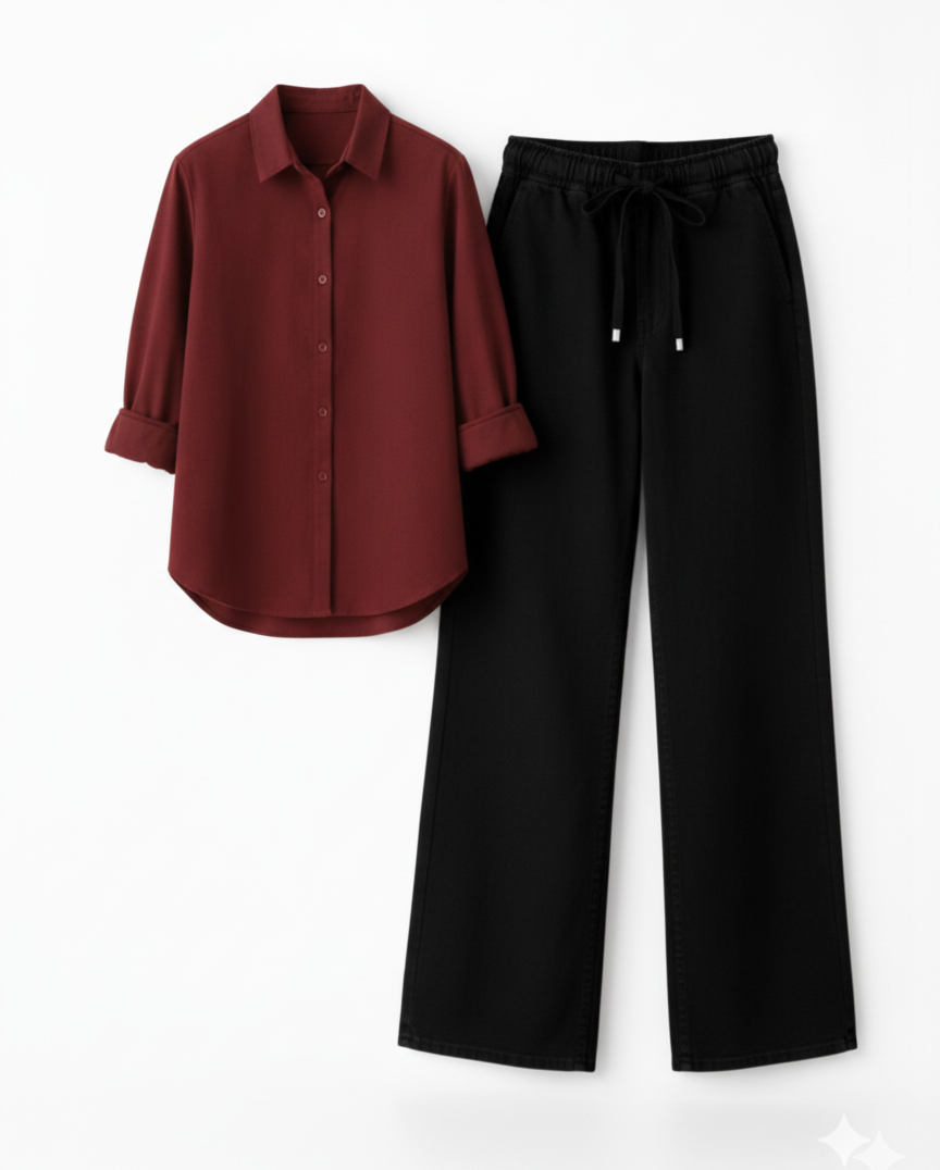 MAROON BUTTON DOWN SHIRT WITH BLACK FLAPPER TROUSER