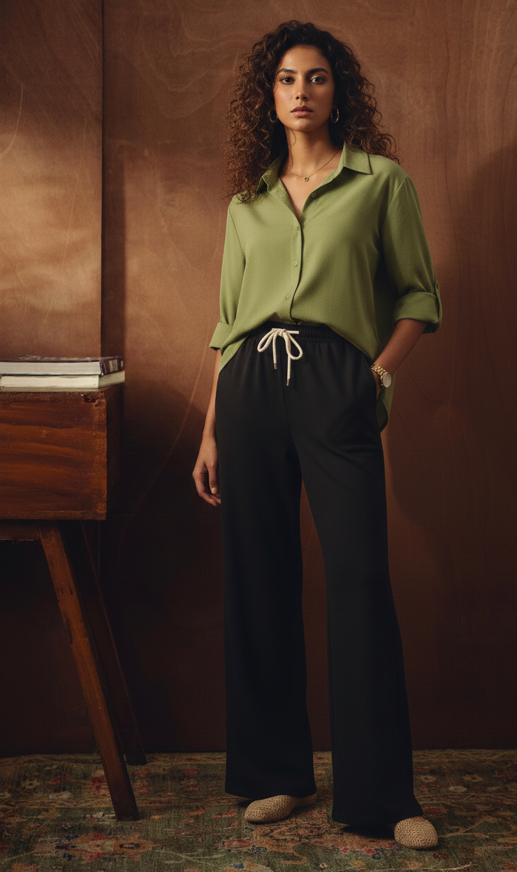 OLIVE GREEN BUTTON DOWN SHIRT WITH BLACK FLAPPER TROUSER