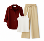 Maroon Button Down Shirt With White Inner & Beige Flapper Trouser