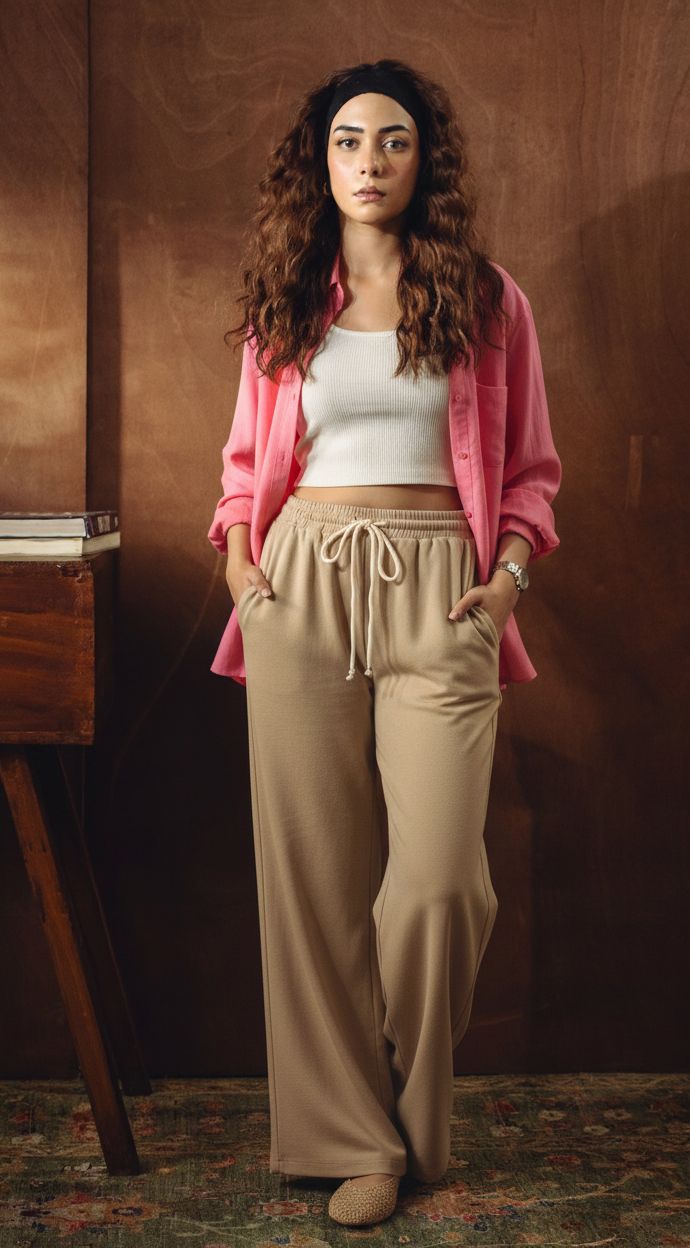 DARK PINK BUTTON DOWN SHIRT WITH WHITE INNER & BEIGE FLAPPER TROUSER