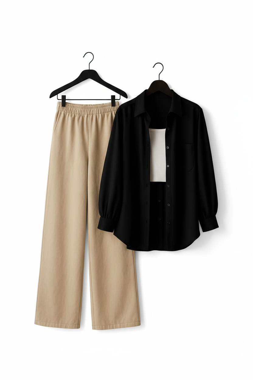 BLACK BUTTON DOWN SHIRT WITH WHITE INNER & BEIGE FLAPPER TROUSER