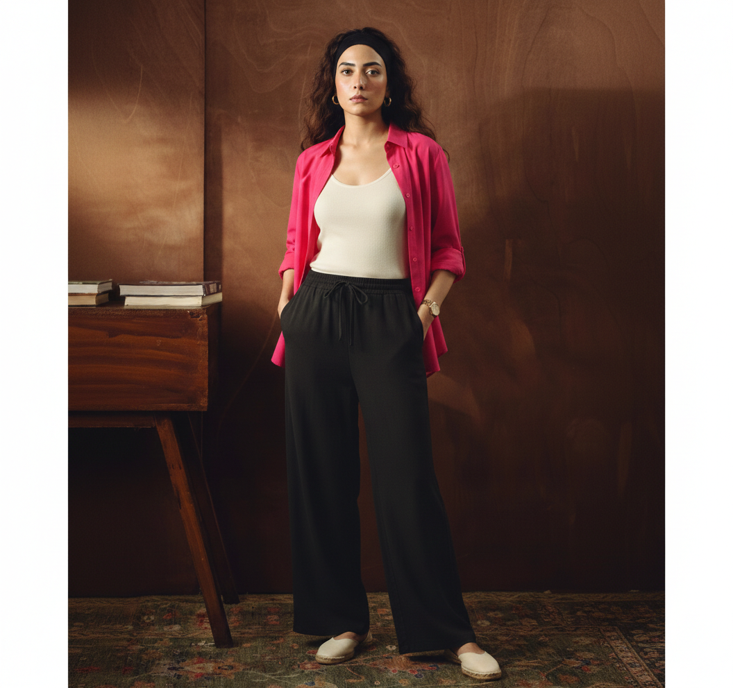 Hot Pink Button Down Shirt With White Inner & Black Flapper Trouser