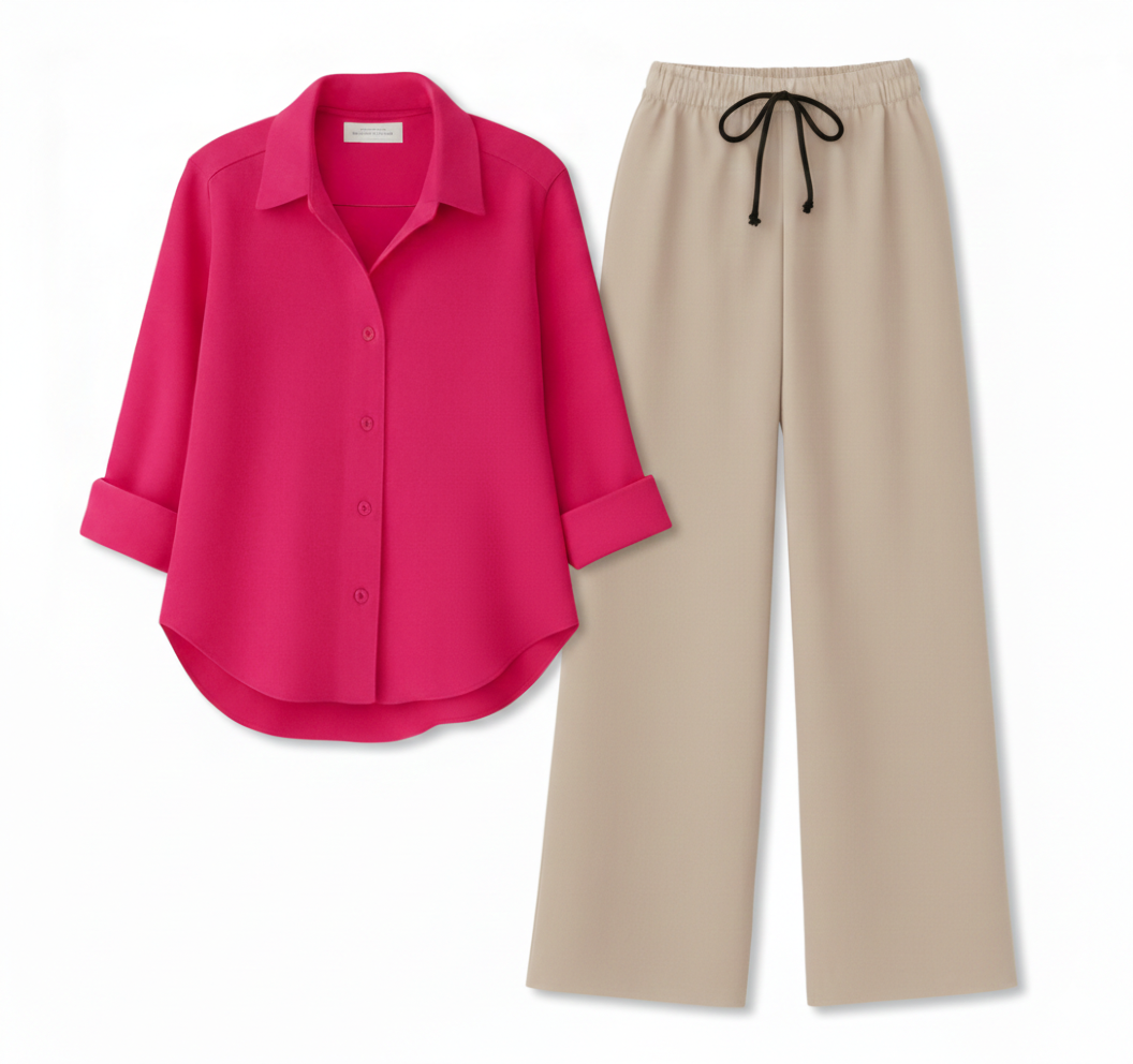 HOT PINK BUTTON DOWN SHIRT WITH BEIGE FLAPPER TROUSER