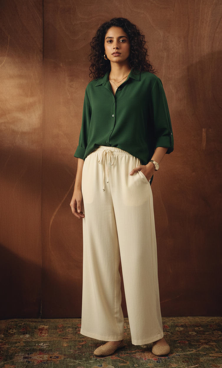 BOTTLE GREEN BUTTON DOWN SHIRT WITH BEIGE FLAPPER TROUSER