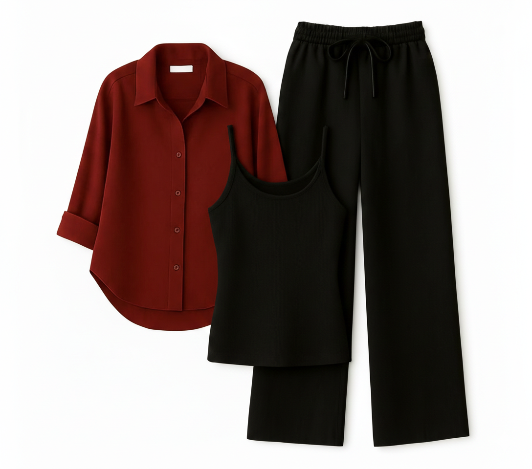 Maroon Button Down Shirt With Black Inner & Black Flapper Trouser