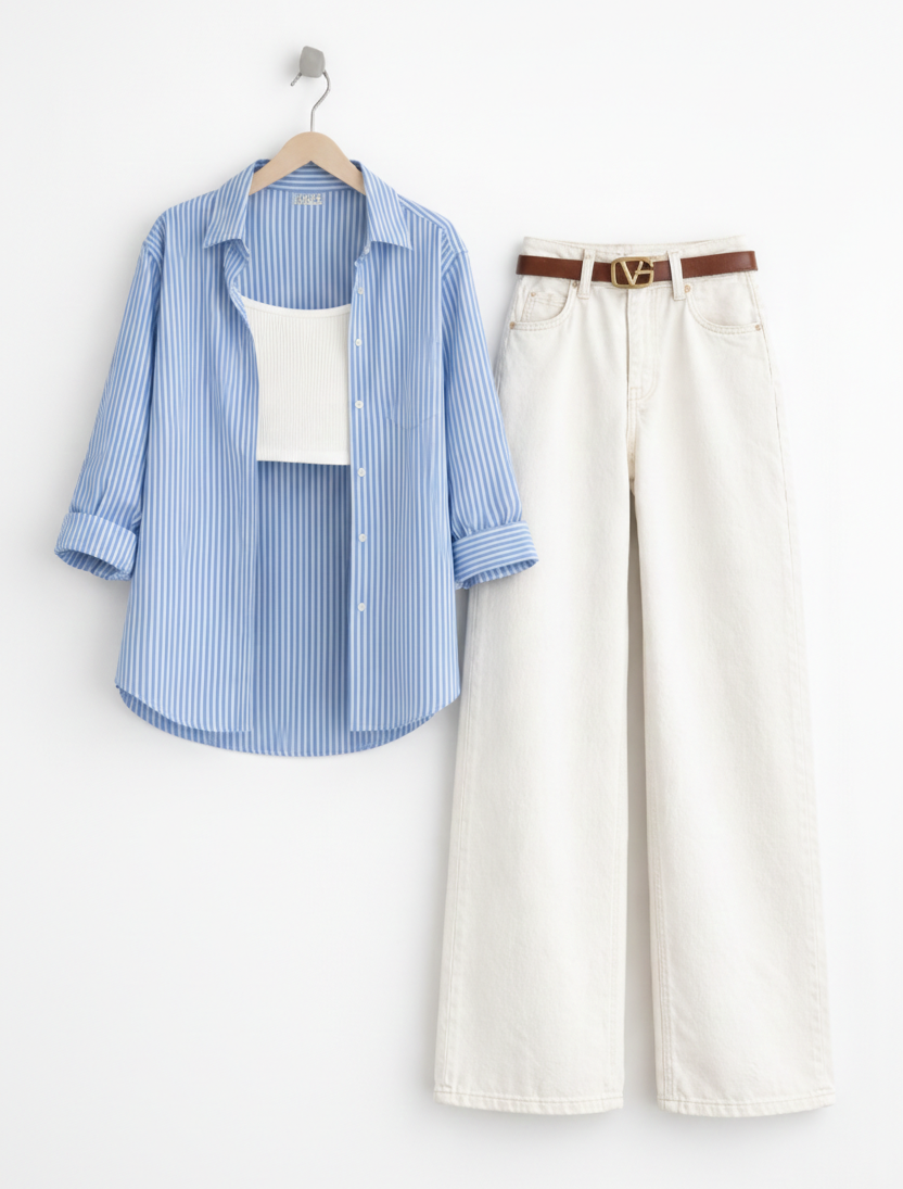 BLUE LINING BUTTON DOWN SHIRT WITH INNER & WHITE WIDE LEG JEANS