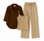 Brown Button Down Shirt With Beige Inner & Beige Flapper Trouser