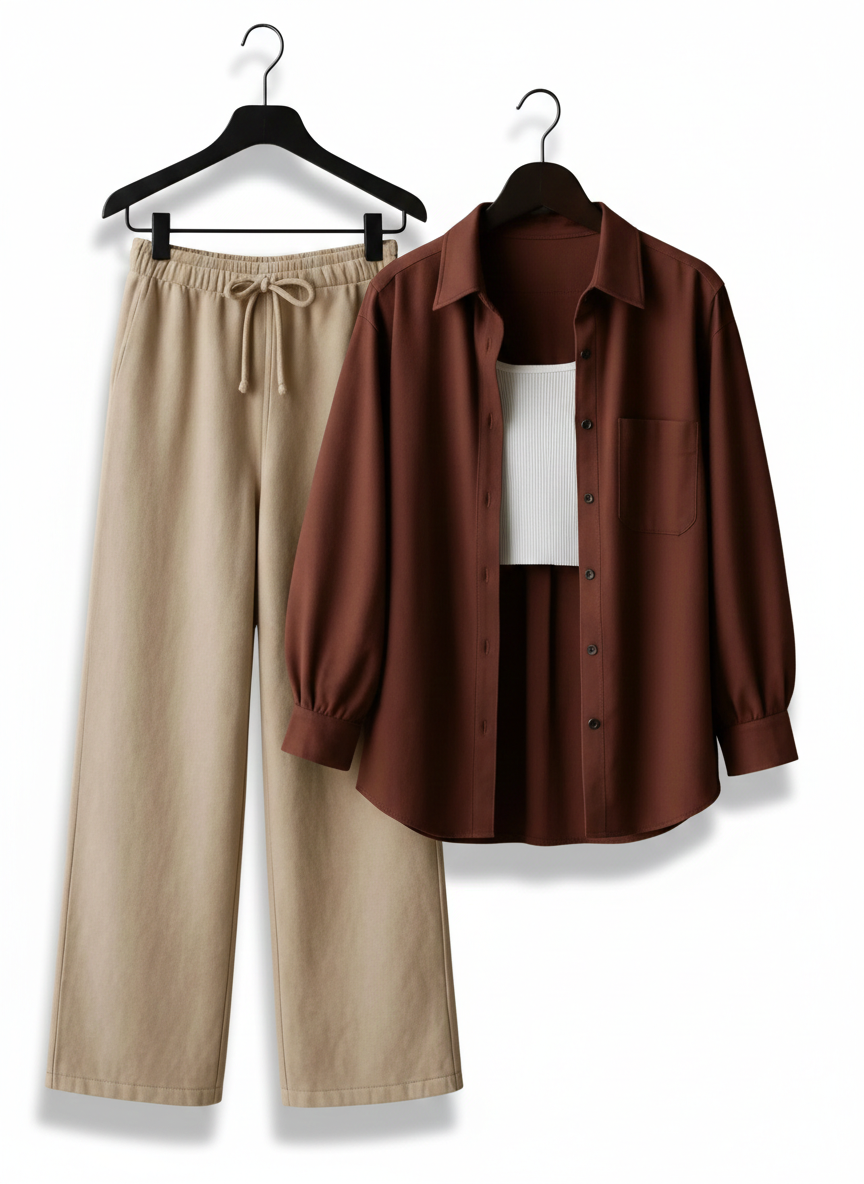 BROWN BUTTON DOWN SHIRT WITH WHITE INNER & BEIGE FLAPPER TROUSER