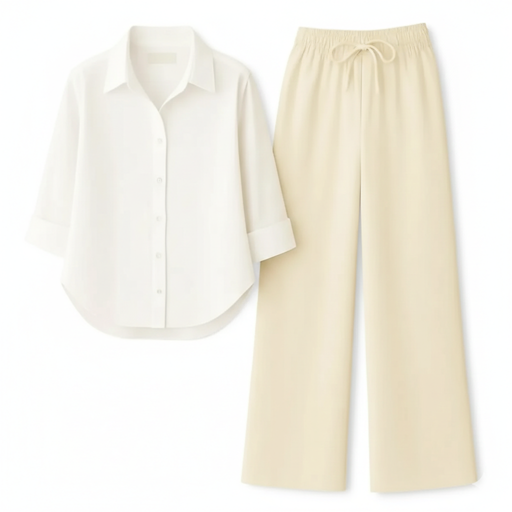 WHITE BUTTON DOWN SHIRT WITH BEIGE FLAPPER TROUSER