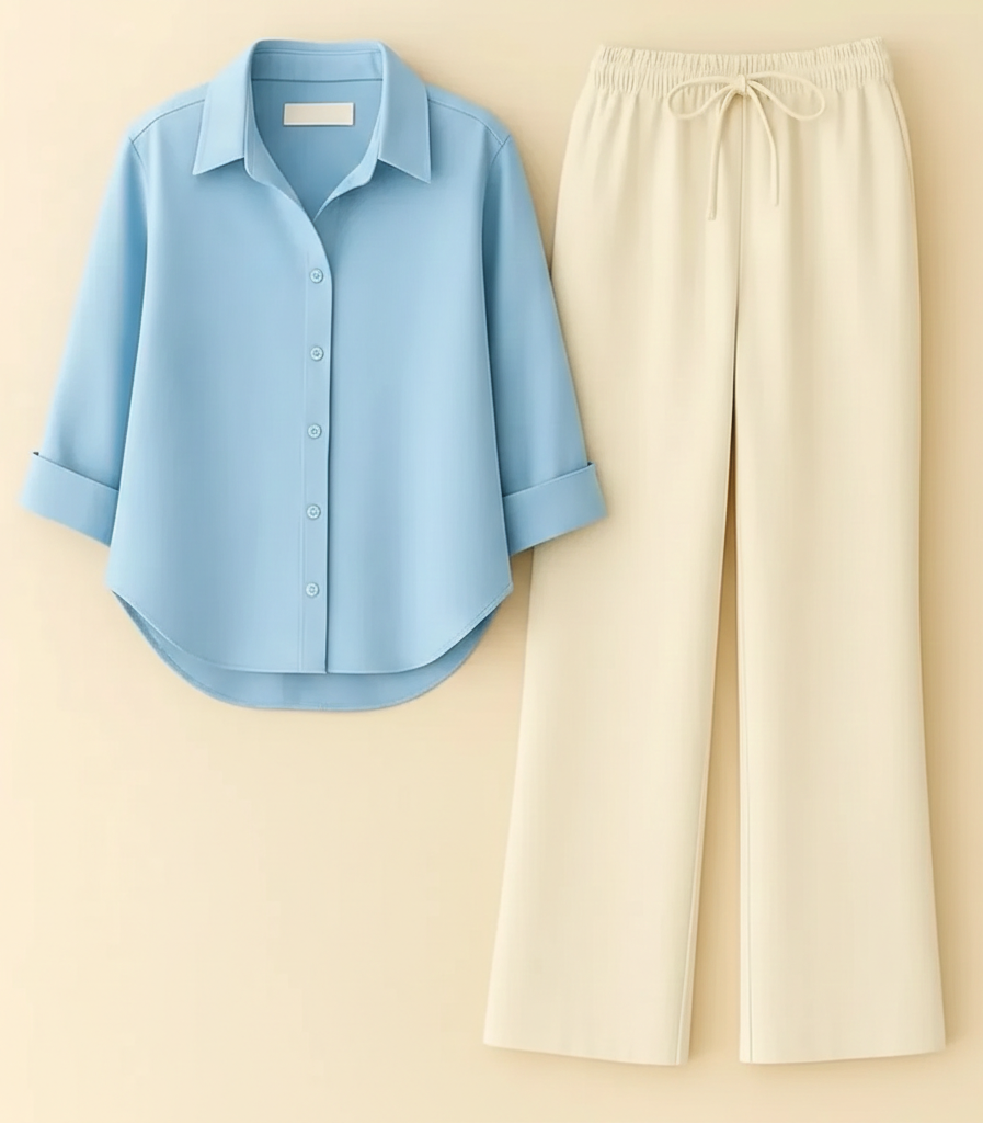 SKY BLUE BUTTON DOWN SHIRT WITH BEIGE FLAPPER TROUSER