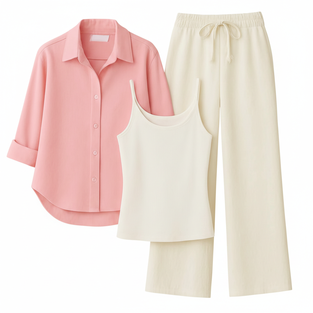 Baby Pink Button Down Shirt With White Inner & White Flapper Trouser