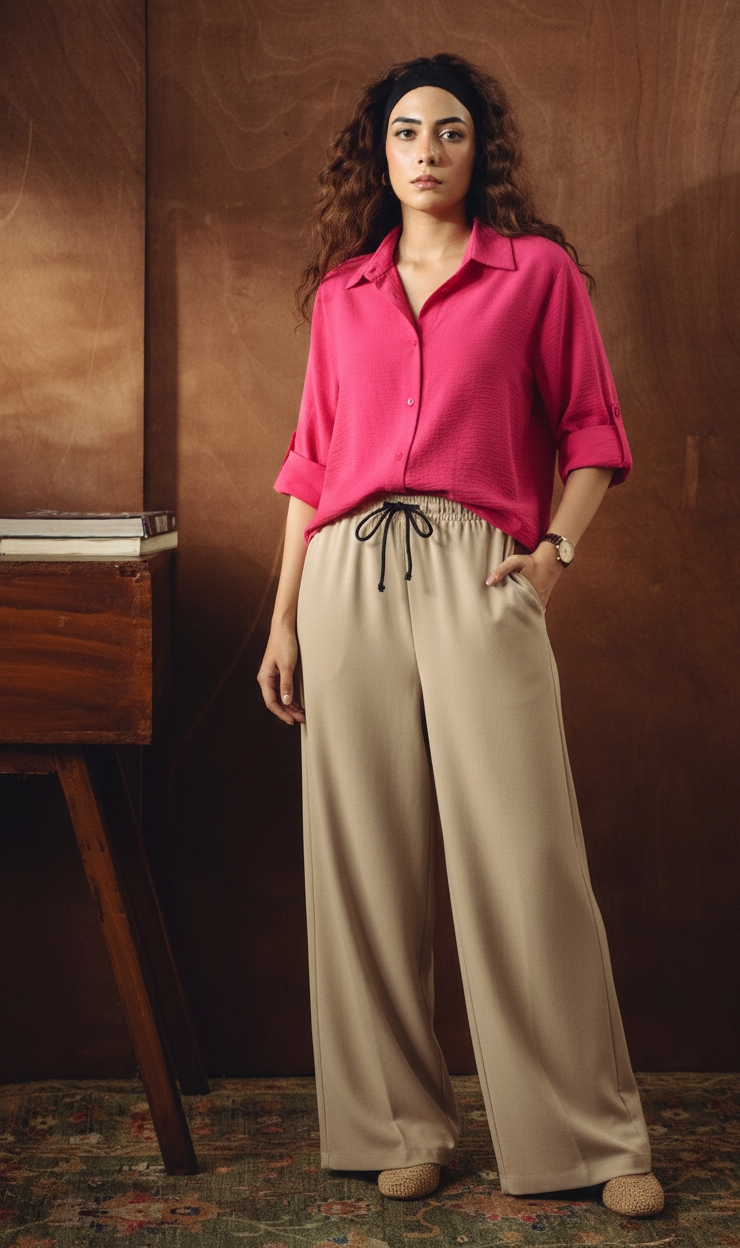 HOT PINK BUTTON DOWN SHIRT WITH BEIGE FLAPPER TROUSER