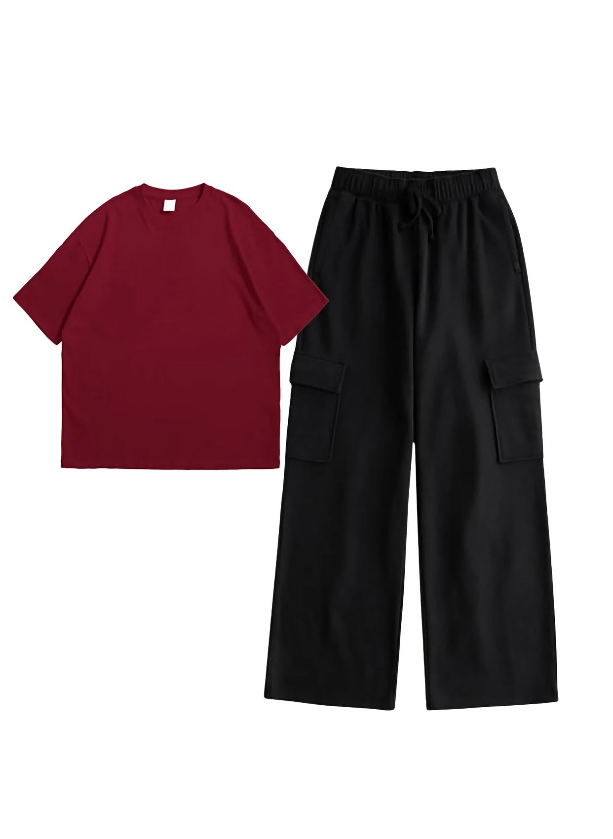 Maroon Drop Shoulder Tee & Black Cargo Flapper Trouser