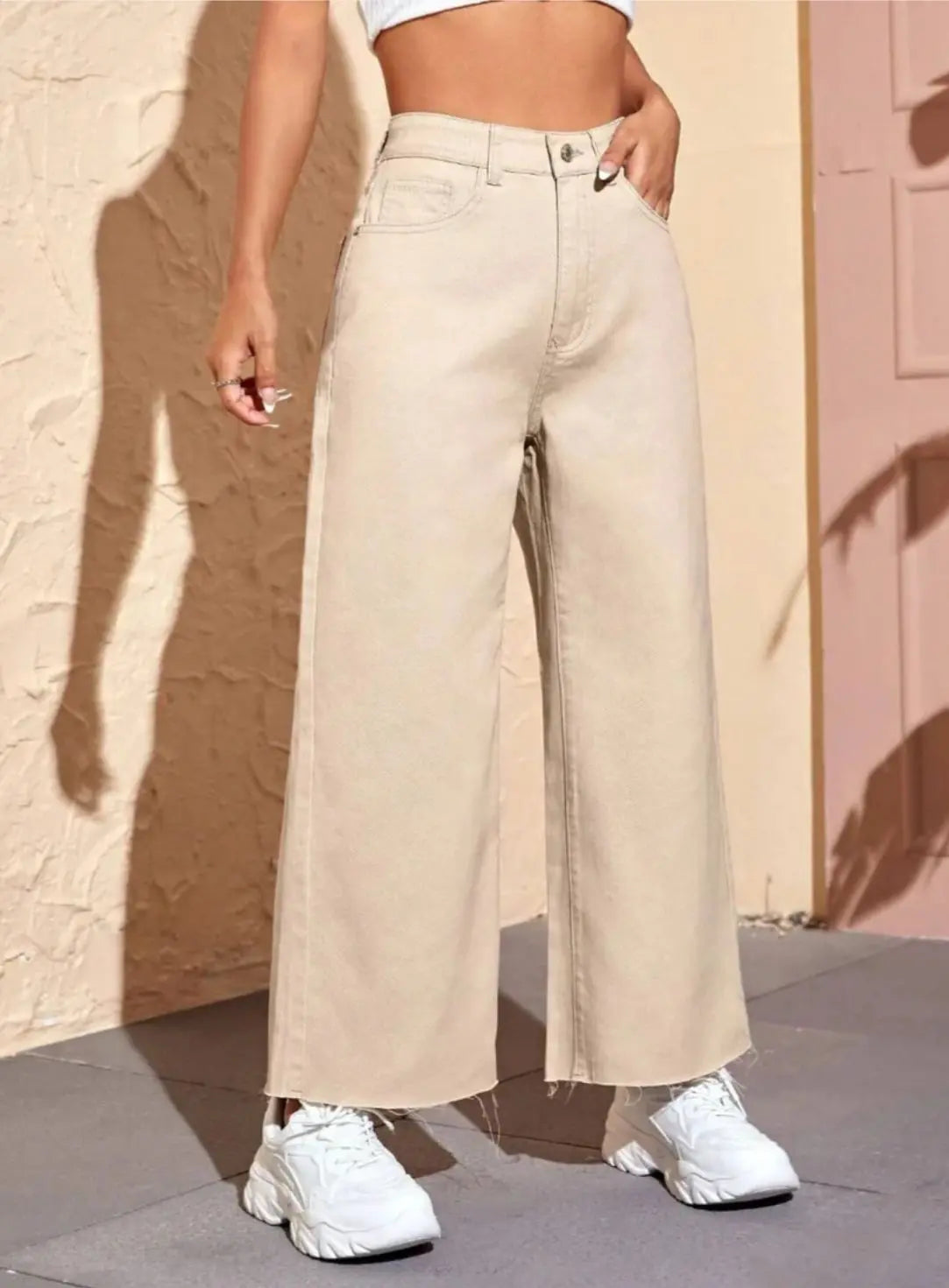 Beige Raw Hem Wide Jeans