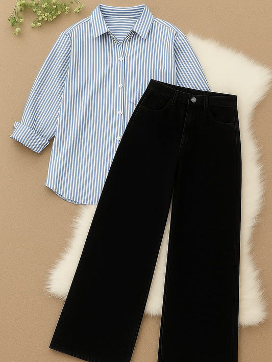 Striped Button Down Shirt With Wide Leg Jeans