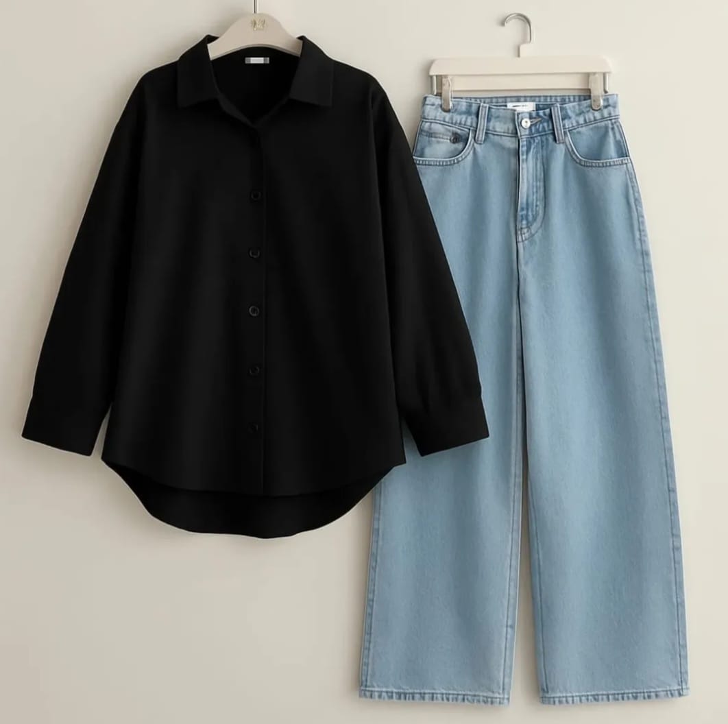 BUTTON DOWN SHIRT WITH WIDE LEG JEANS