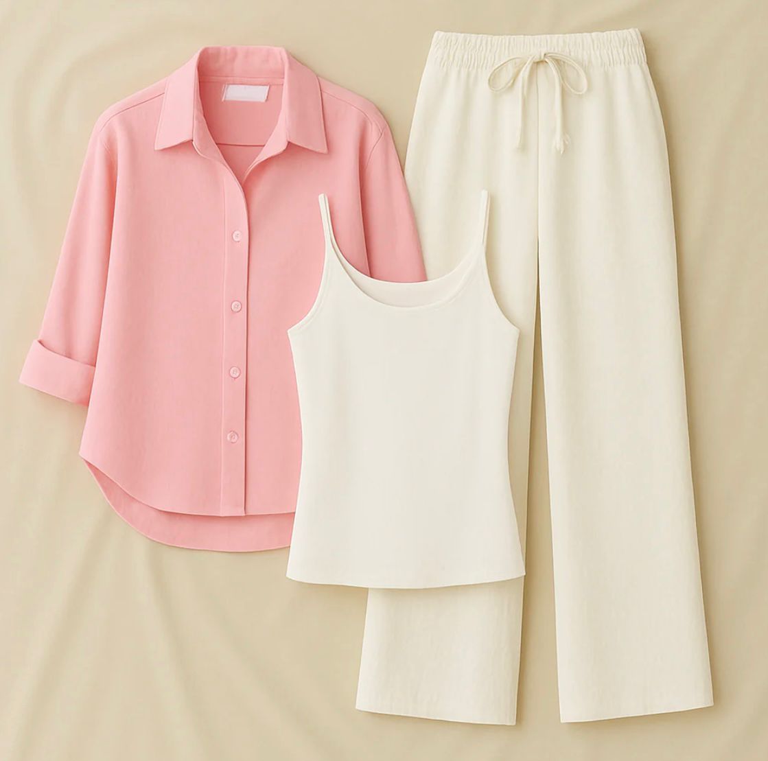 Baby Pink Button Down Shirt With Inner & White Flapper Trouser