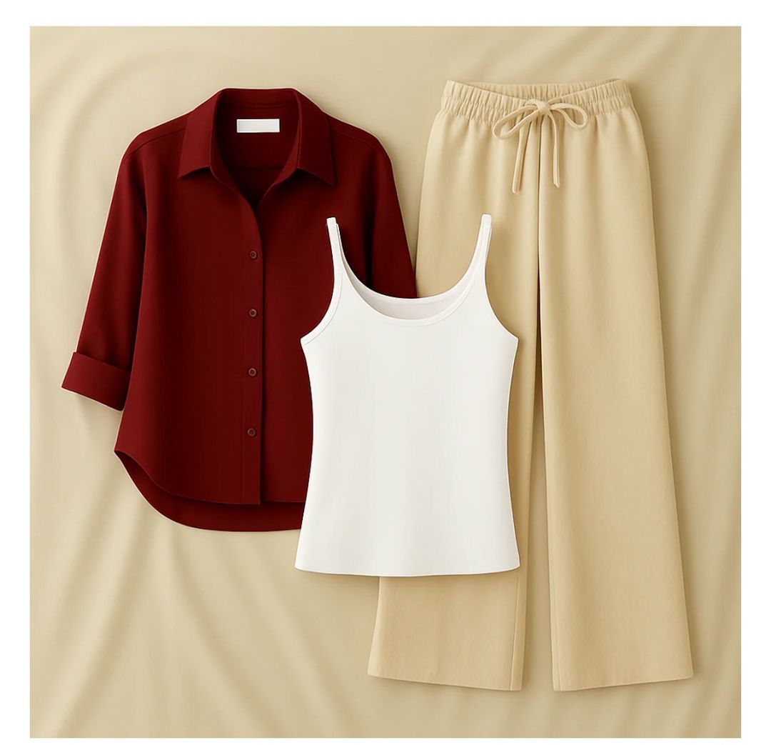 Maroon Button Down Shirt With Inner & Beige Flapper Trouser