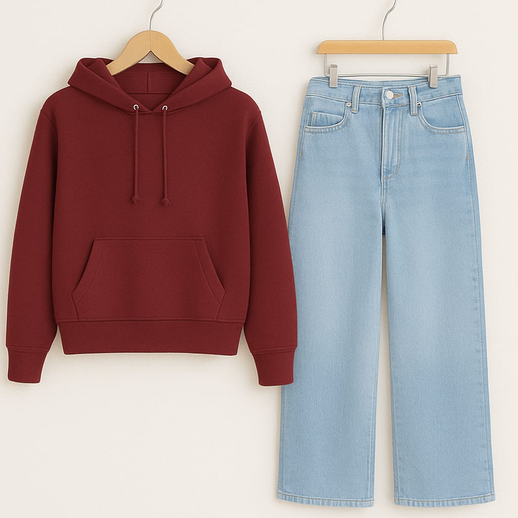 HOODIE WITH ICEBLUE WIDE LEG JEANS