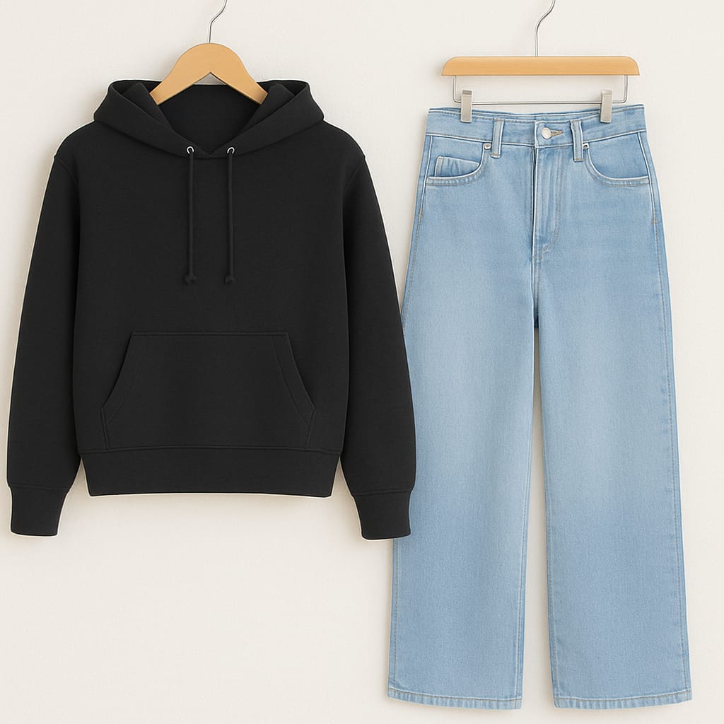 HOODIE WITH ICEBLUE WIDE LEG JEANS