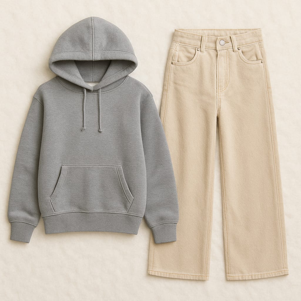 Hoodie with Beige Wide Leg Jeans