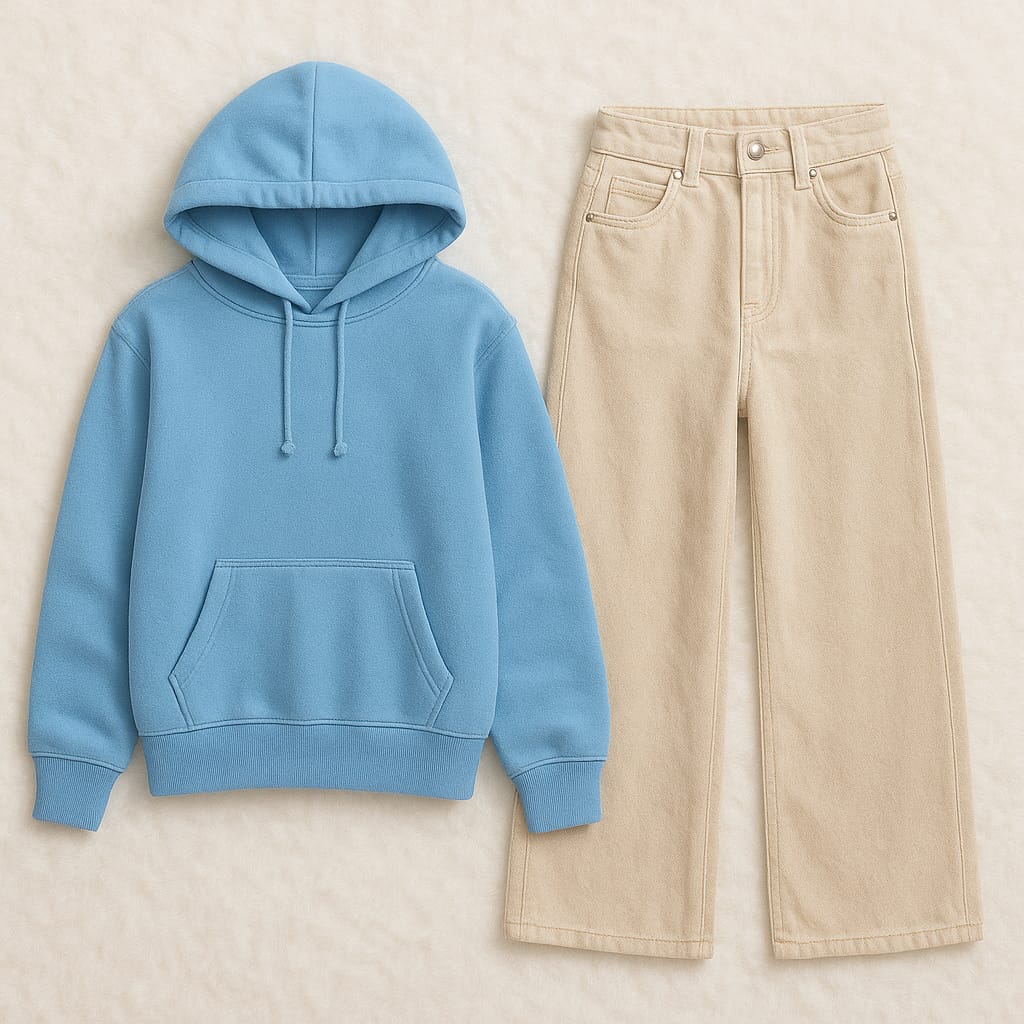 Hoodie with Beige Wide Leg Jeans