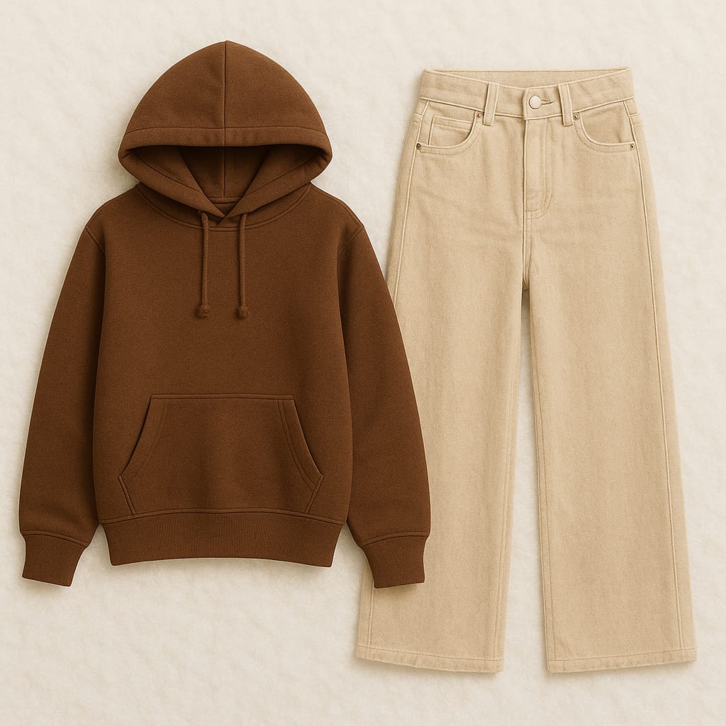 Hoodie with Beige Wide Leg Jeans