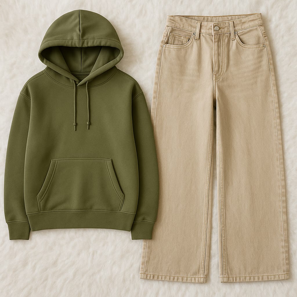 Hoodie with Beige Wide Leg Jeans