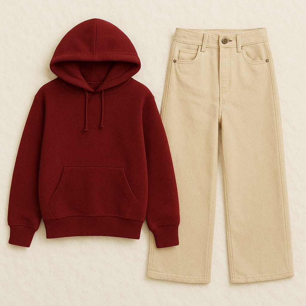 Hoodie with Beige Wide Leg Jeans