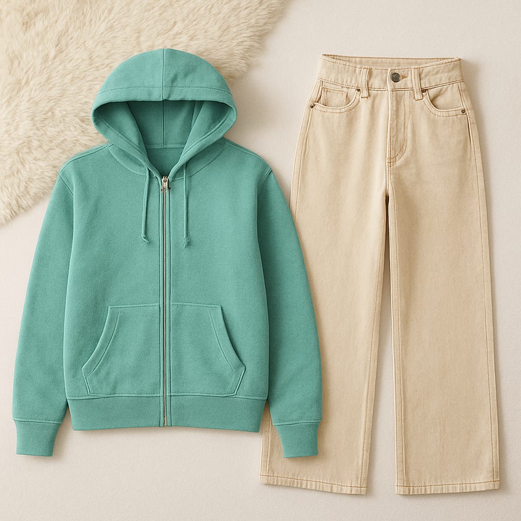 Zipper Hoodie with Beige Wide Leg Jeans