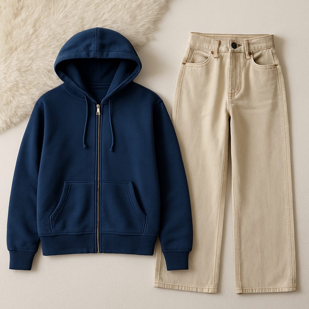 Zipper Hoodie with Beige Wide Leg Jeans