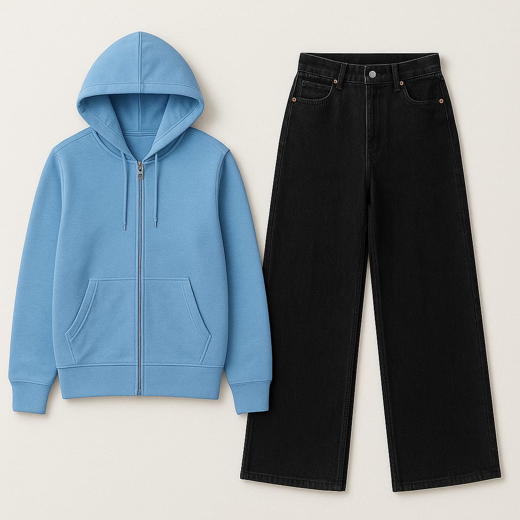 Zipper Hoodie with Black Wide Leg Jeans