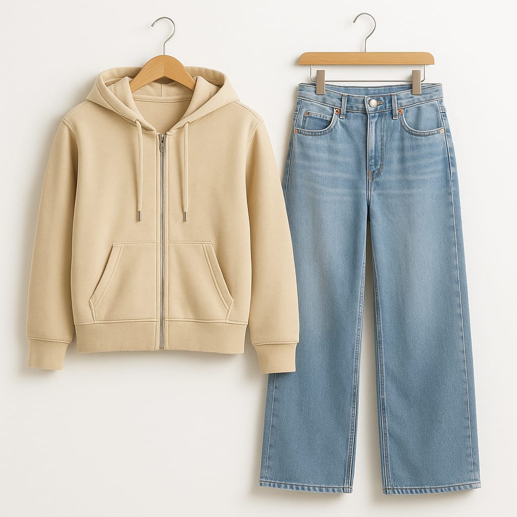 Zipper Hoodie With Iceblue Wide Leg Jeans