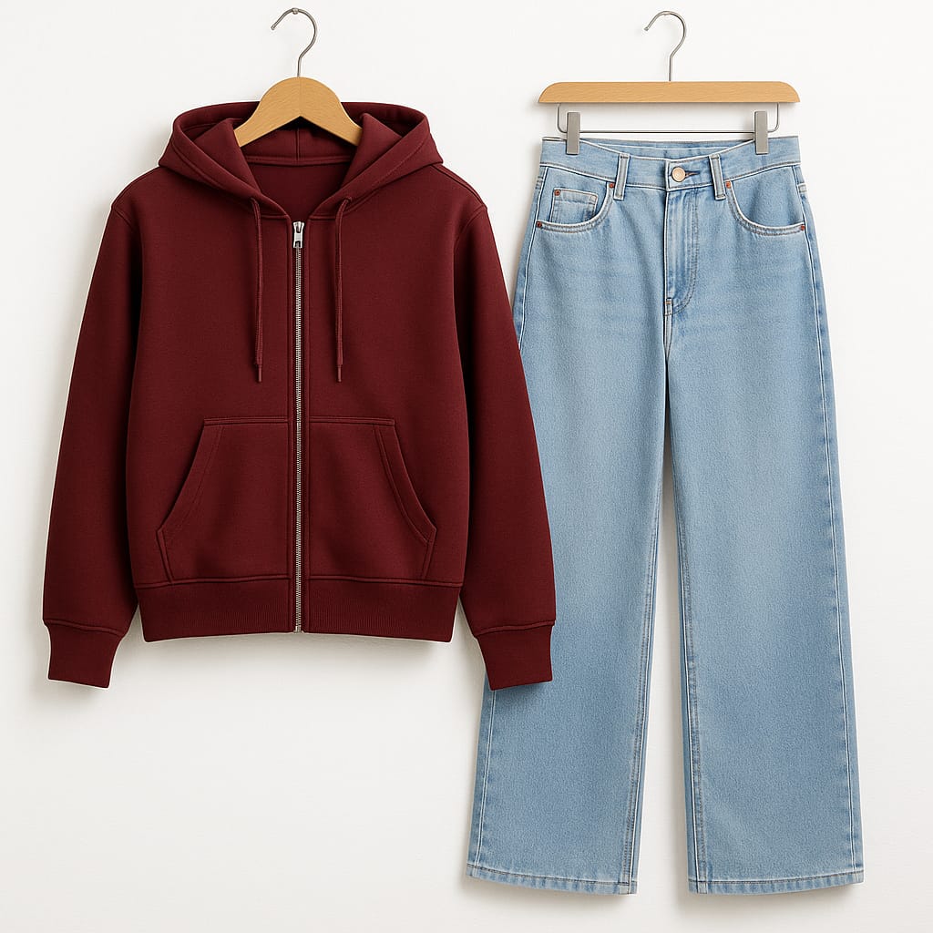 Zipper Hoodie With Iceblue Wide Leg Jeans