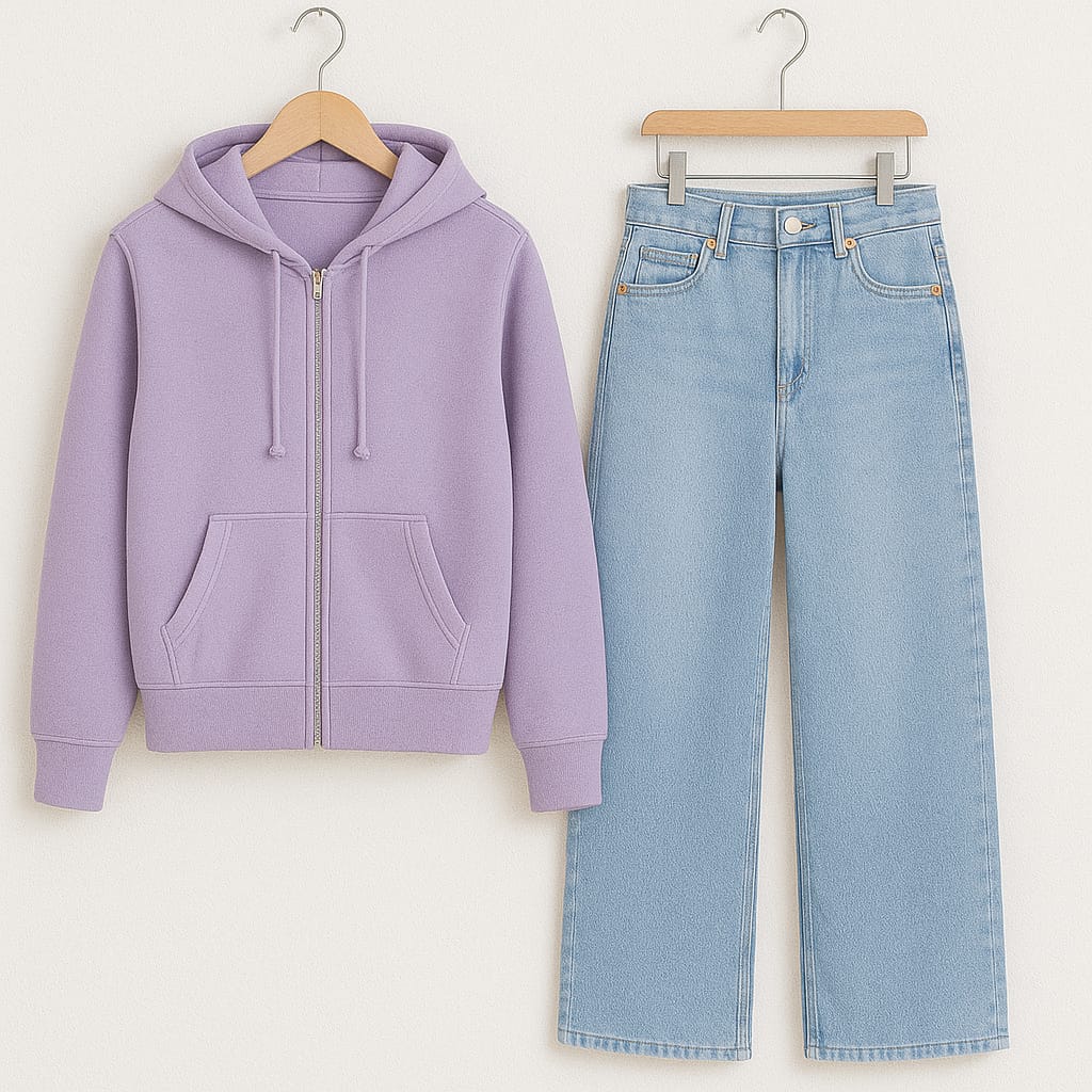 Zipper Hoodie With Iceblue Wide Leg Jeans