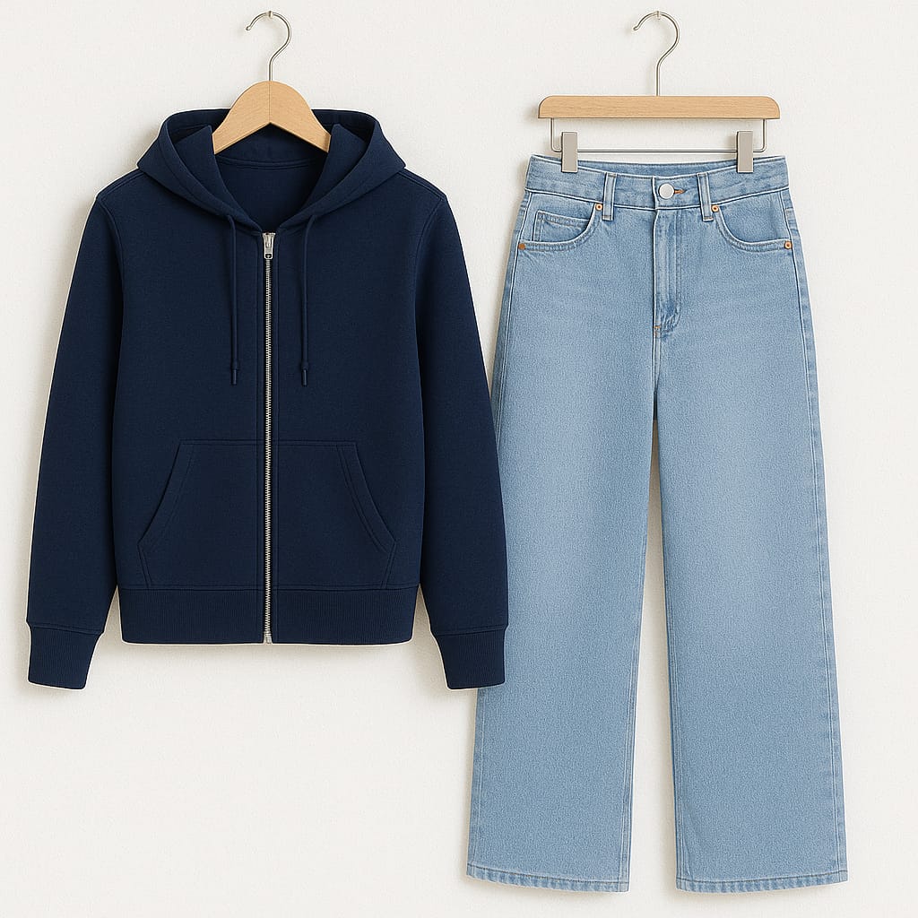 Zipper Hoodie With Iceblue Wide Leg Jeans