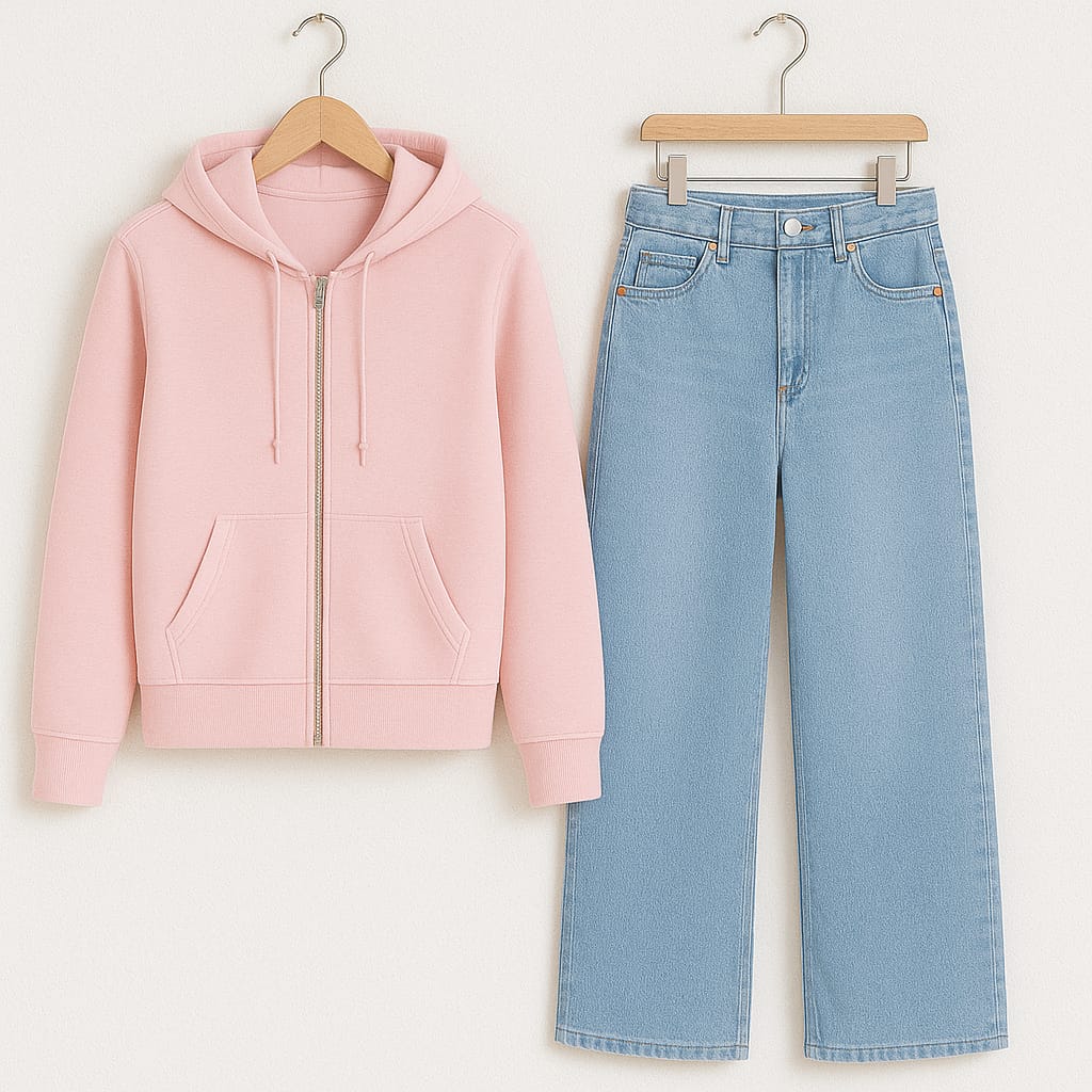 Zipper Hoodie With Iceblue Wide Leg Jeans