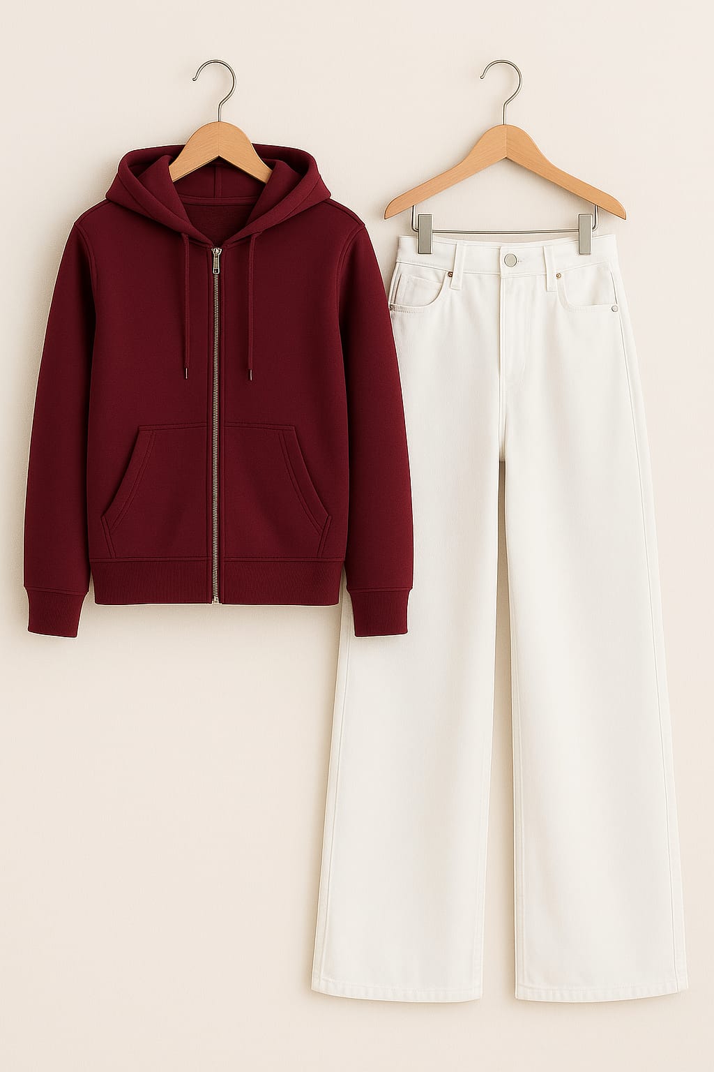 Zipper Hoodie With White Wide Leg Jeans