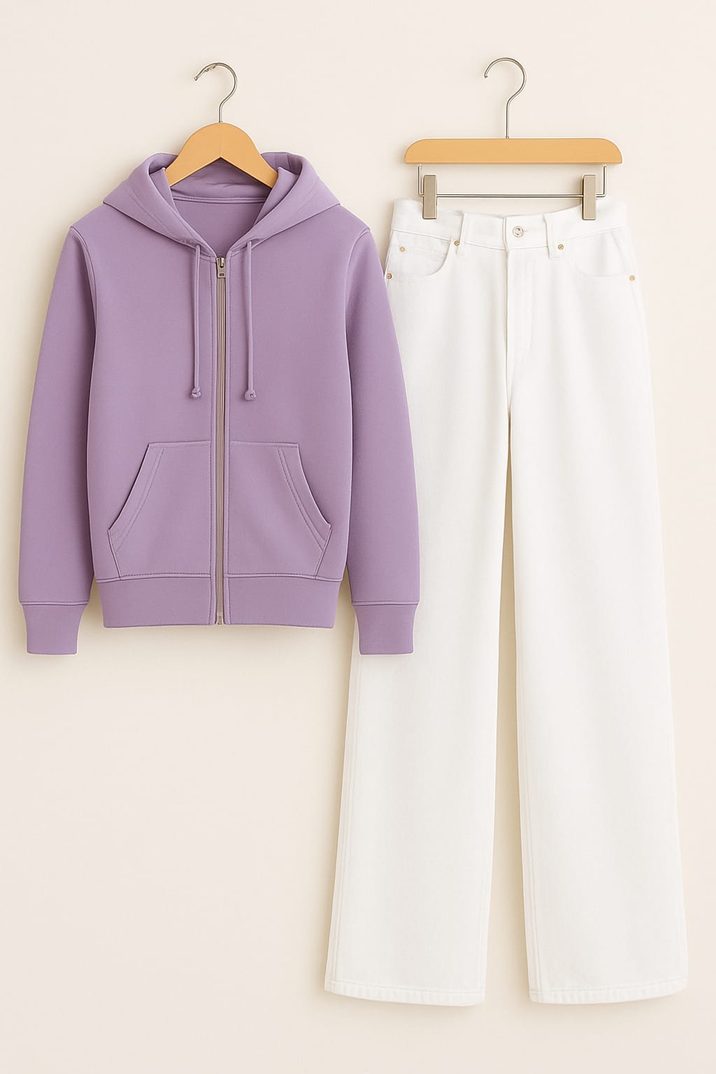 Lilac Zipper Hoodie With White Wide Leg Jeans