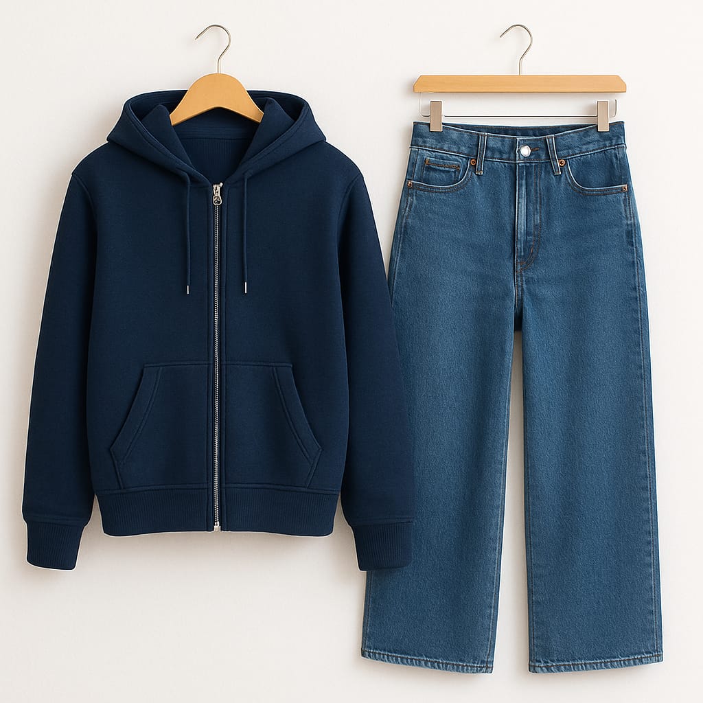 Zipper Hoodie With Mid Blue Wide Leg Jeans